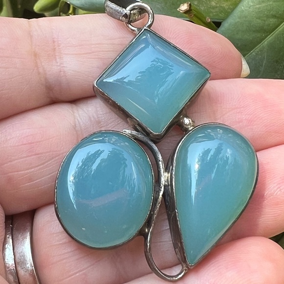 OVERSIZED VINTAGE BLUE CHALCEDONY STATEMENT PENDANT 925 STERLING SILVR GEOMETRIC